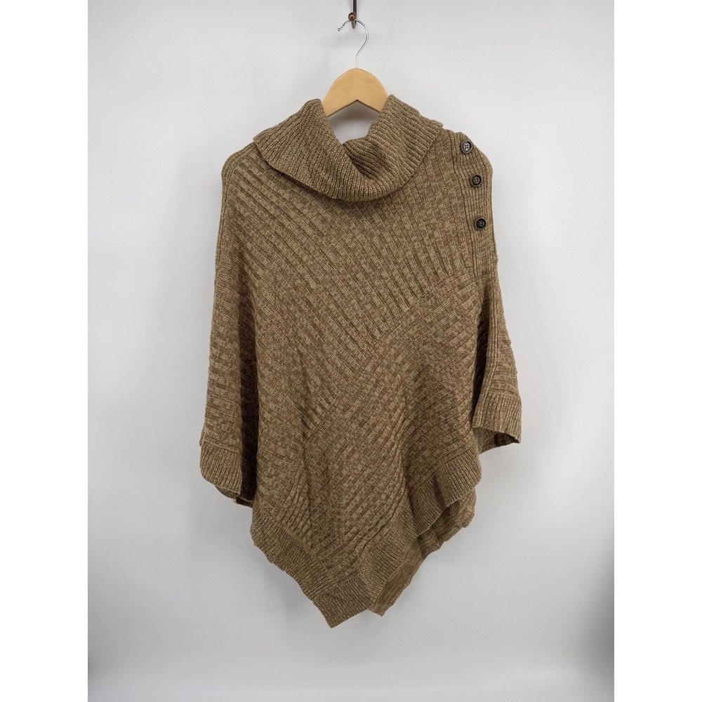 Keren Hart Womens Tan Metallic Knit Cowl Neck Poncho Sweater L/XL